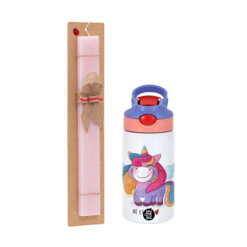 Pink unicorn, Easter Set, Children's thermal stainless steel water bottle with safety straw, pink/purple (350ml) & Easter scented flat candle (30cm) (PINK)