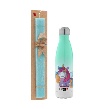 Pink unicorn, Easter Set, Metallic green/white thermos (Stainless steel), double-walled, 500ml & scented flat Easter candle (30cm) (TURQUOISE)