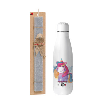 Pink unicorn, Easter Set, metallic Inox water bottle (700ml) & Easter scented flat candle (30cm) (GRAY)