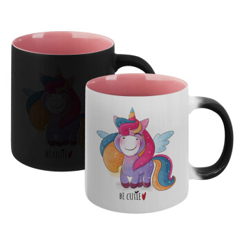 Pink unicorn, Κούπα Μαγική εσωτερικό ΡΟΖ, κεραμική 330ml που αλλάζει χρώμα με το ζεστό ρόφημα (1 τεμάχιο)