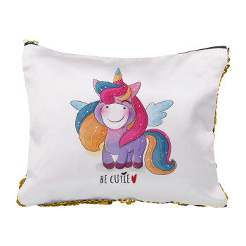 Pink unicorn, Sequin Gold Pouch Cosmetic Bag