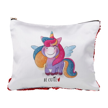 Pink unicorn, Red sequin cosmetic bag