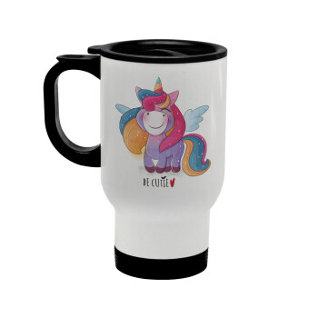 Pink unicorn, Stainless steel travel mug with lid, double wall white 450ml