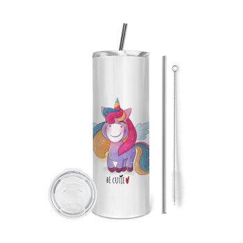 Pink unicorn, Tumbler stainless steel 600ml, with metal straw & cleaning brush