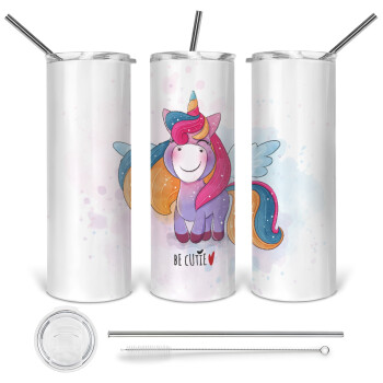 Pink unicorn, Tumbler stainless steel 600ml, with metal straw & cleaning brush