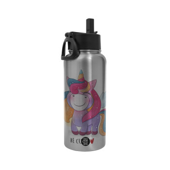 Pink unicorn, Metal mug thermo Silver with Straw and Spout Lid (Stainless steel), double wall, 950ml