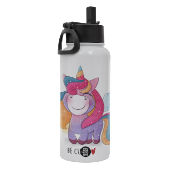 Pink unicorn, Metal mug thermo White with Straw and Spout Lid (Stainless steel), double wall, 950ml