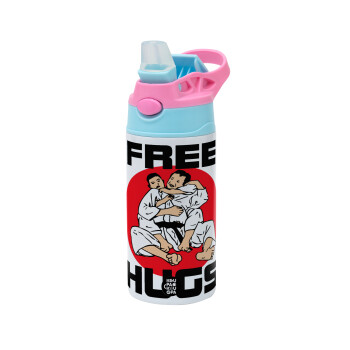 JUDO free hugs, Children's hot water bottle, stainless steel, with safety straw, Pink/BlueCiel (360ml) BPA FREE