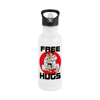 JUDO free hugs, Παγούρι νερού Λευκό με καλαμάκι, ανοξείδωτο ατσάλι 600ml