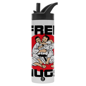 JUDO free hugs, Metallic thermos bottle with straw & handle, stainless steel (Stainless steel 304), double-walled, 600ml.