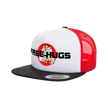 JUDO free hugs, Adult Foam Flat Snapback with Mesh Black-White-Red (POLYESTER, ADULT, UNISEX, ONE SIZE)