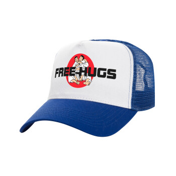 JUDO free hugs, Adult Structured Trucker Hat, with Mesh, WHITE/BLUE (100% COTTON, ADULT, UNISEX, ONE SIZE)