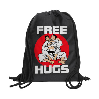 JUDO free hugs, Backpack pouch GYMBAG Black, with pocket (40x48cm) & thick cords