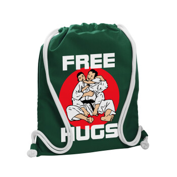 JUDO free hugs, Backpack pouch GYMBAG BOTTLE GREEN, with pocket (40x48cm) & thick white cords