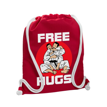 JUDO free hugs, Backpack pouch GYMBAG Red, with pocket (40x48cm) & thick cords