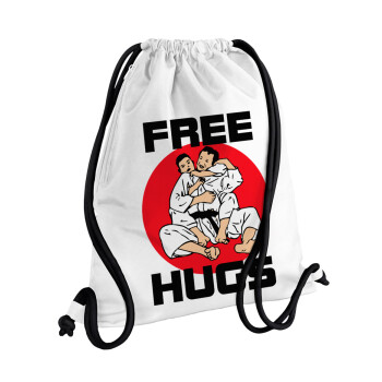 JUDO free hugs, Τσάντα πλάτης πουγκί GYMBAG λευκή, με τσέπη (40x48cm) & χονδρά κορδόνια