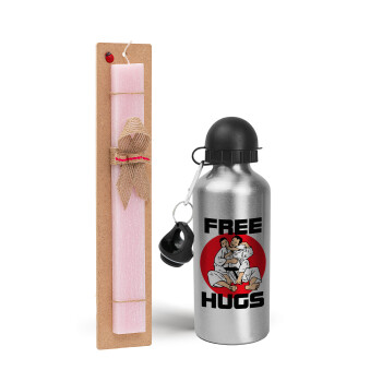 JUDO free hugs, Easter Set, metallic Silver aluminum water bottle (500ml) & scented flat Easter candle (30cm) (PINK)