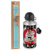 Easter Set, metallic silver aluminum water bottle (500ml) & scented flat Easter candle (30cm) (TURQUOISE)