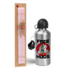 Easter Set, metallic Silver aluminum water bottle (500ml) & scented flat Easter candle (30cm) (PINK)