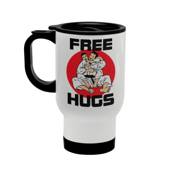 JUDO free hugs, Stainless steel travel mug with lid, double wall white 450ml