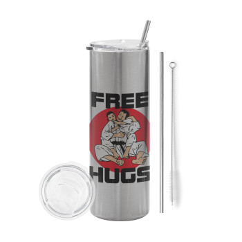 JUDO free hugs, Eco friendly ποτήρι θερμό Ασημένιο (tumbler) από ανοξείδωτο ατσάλι 600ml, με μεταλλικό καλαμάκι & βούρτσα καθαρισμού