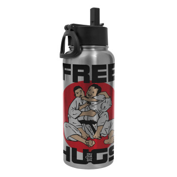 JUDO free hugs, Metal mug thermo Silver with Straw and Spout Lid (Stainless steel), double wall, 950ml