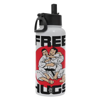 JUDO free hugs, Metal mug thermo White with Straw and Spout Lid (Stainless steel), double wall, 950ml