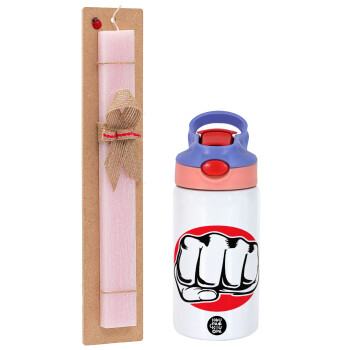 Punch, Easter Set, Children's thermal stainless steel water bottle with safety straw, pink/purple (350ml) & Easter scented flat candle (30cm) (PINK)