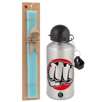 Punch, Easter Set, metallic silver aluminum water bottle (500ml) & scented flat Easter candle (30cm) (TURQUOISE)