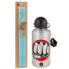 Easter Set, metallic silver aluminum water bottle (500ml) & scented flat Easter candle (30cm) (TURQUOISE)