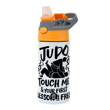 Judo Touch Me And Your First Lesson Is Free, Children's hot water bottle, stainless steel, with safety straw, Orange/Grey (360ml) BPA-FREE