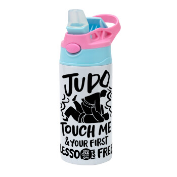 Judo Touch Me And Your First Lesson Is Free, Children's hot water bottle, stainless steel, with safety straw, Pink/BlueCiel (360ml) BPA FREE