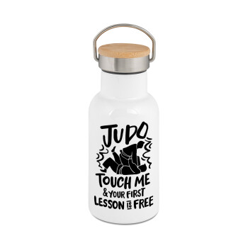 Judo Touch Me And Your First Lesson Is Free, Metallic thermos (Stainless steel) White with wooden lid (bamboo), double-walled, 350ml