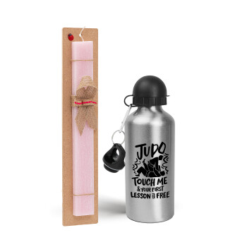 Judo Touch Me And Your First Lesson Is Free, Easter Set, metallic Silver aluminum water bottle (500ml) & scented flat Easter candle (30cm) (PINK)