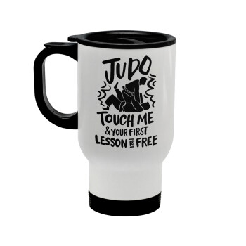 Judo Touch Me And Your First Lesson Is Free, Κούπα ταξιδιού ανοξείδωτη με καπάκι, διπλού τοιχώματος (θερμό) λευκή 450ml