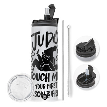 Judo Touch Me And Your First Lesson Is Free, Travel Tumbler θερμό με διπλό καπάκι, μεταλλικό καλαμάκι και βούρτσα καθαρισμού (Ανωξείδωτο 304 Food grade, BPA free, 600ml)