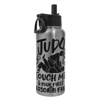 Judo Touch Me And Your First Lesson Is Free, Metal mug thermo Silver with Straw and Spout Lid (Stainless steel), double wall, 950ml