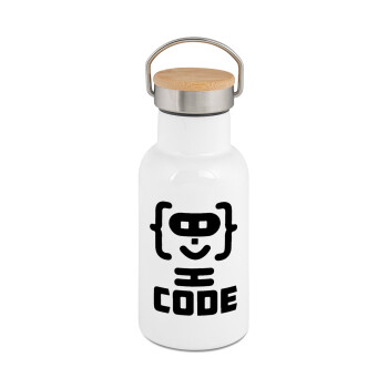 Code Heroes symbol, Μεταλλικό παγούρι θερμός (Stainless steel) Λευκό με ξύλινο καπακι (bamboo), διπλού τοιχώματος, 350ml