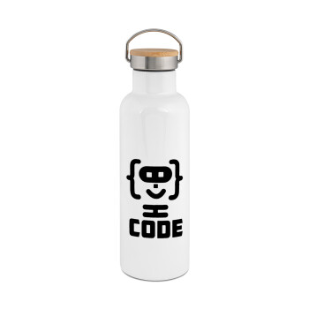 Code Heroes symbol, Stainless steel White with wooden lid (bamboo), double wall, 750ml