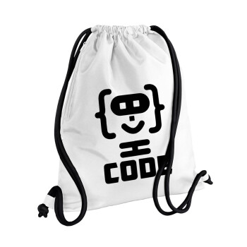 Code Heroes symbol, Τσάντα πλάτης πουγκί GYMBAG λευκή, με τσέπη (40x48cm) & χονδρά κορδόνια