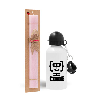 Code Heroes symbol, Easter Set, metallic aluminum bottle (500ml) & aromatic flat Easter candle (30cm) (PINK)