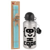 Easter Set, metallic silver aluminum water bottle (500ml) & scented flat Easter candle (30cm) (TURQUOISE)