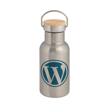 Wordpress, Stainless steel metallic thermos flask, silver with a bamboo lid, double-walled, 350ml.