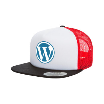 Wordpress, Adult Foam Flat Snapback with Mesh Black-White-Red (POLYESTER, ADULT, UNISEX, ONE SIZE)