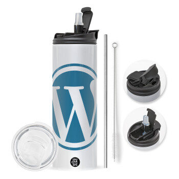 Wordpress, Travel Tumbler θερμό με διπλό καπάκι, μεταλλικό καλαμάκι και βούρτσα καθαρισμού (Ανωξείδωτο 304 Food grade, BPA free, 600ml)