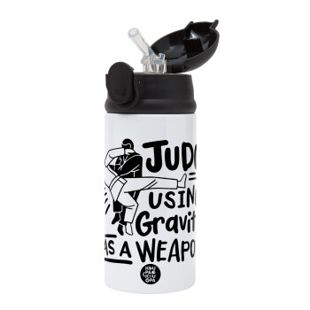 Judo using gravity as a weapon, Children's hot water bottle, stainless steel, with safety straw, Black (360ml) BPA-FREE