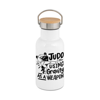 Judo using gravity as a weapon, Metallic thermos (Stainless steel) White with wooden lid (bamboo), double-walled, 350ml