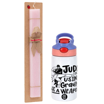 Judo using gravity as a weapon, Easter Set, Children's thermal stainless steel water bottle with safety straw, pink/purple (350ml) & Easter scented flat candle (30cm) (PINK)