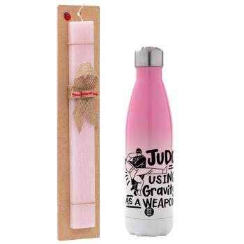 Judo using gravity as a weapon, Easter Set, Metallic pink/white (Stainless steel) thermos, double-walled, 500ml & aromatic flat Easter candle (30cm) (PINK)