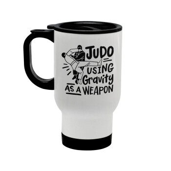 Judo using gravity as a weapon, Stainless steel travel mug with lid, double wall white 450ml